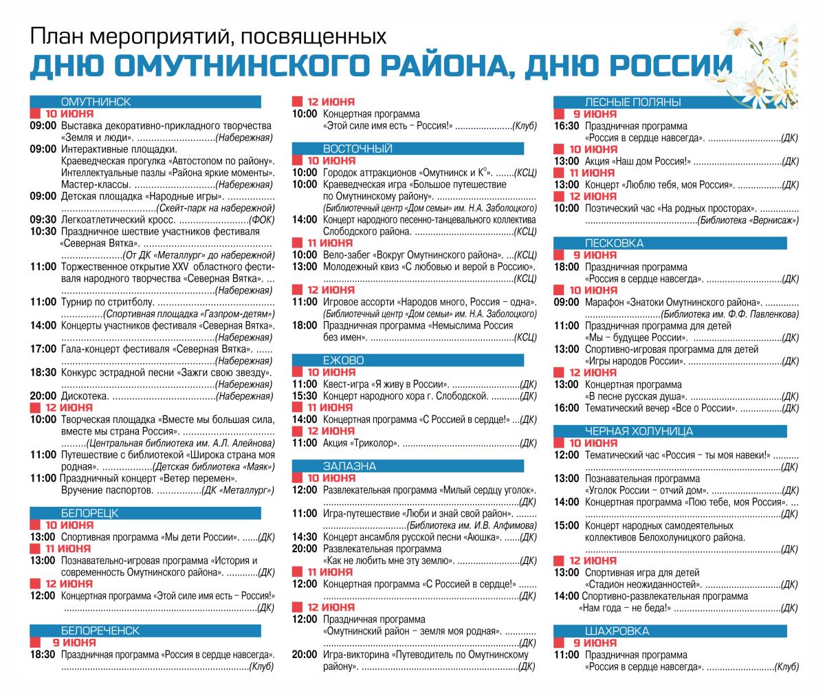 План мероприятий, посвященных Дню Омутнинского района, Дню России